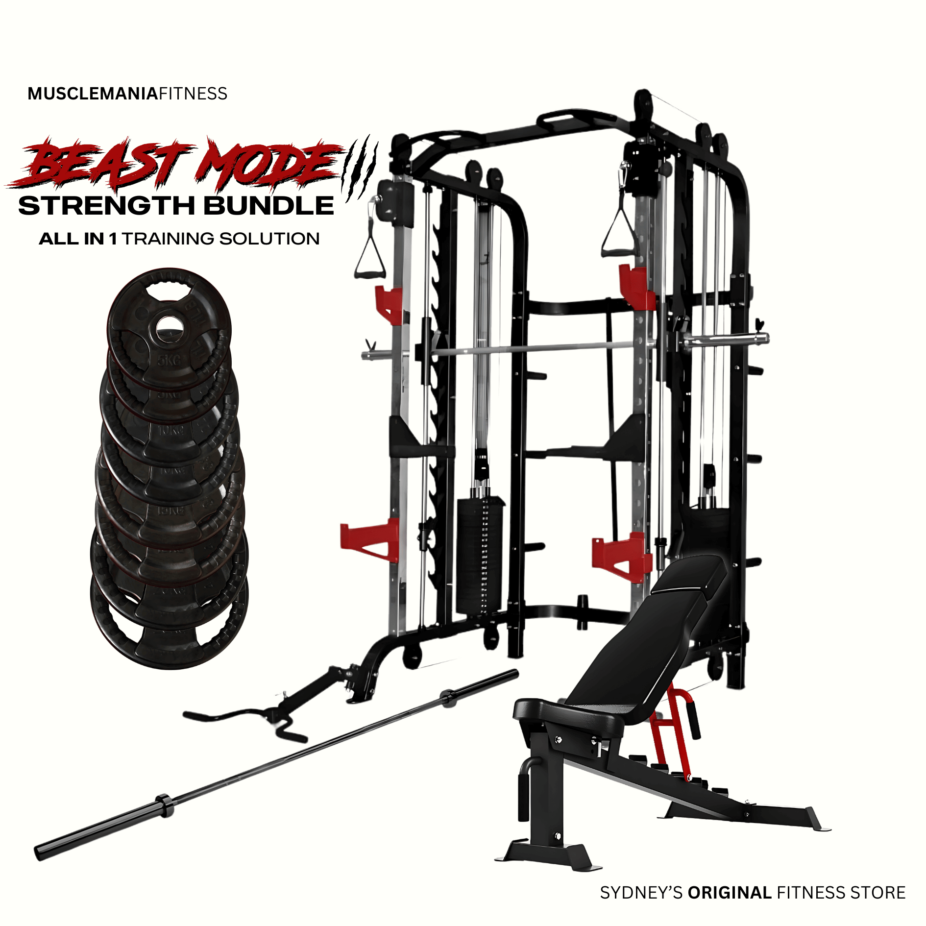 BEAST MODE BUNDLE WITH RUBBER-COATED TRI-GRIP RUBBER-COATED OLYMPIC PLATES, BAR AND FID BENCH