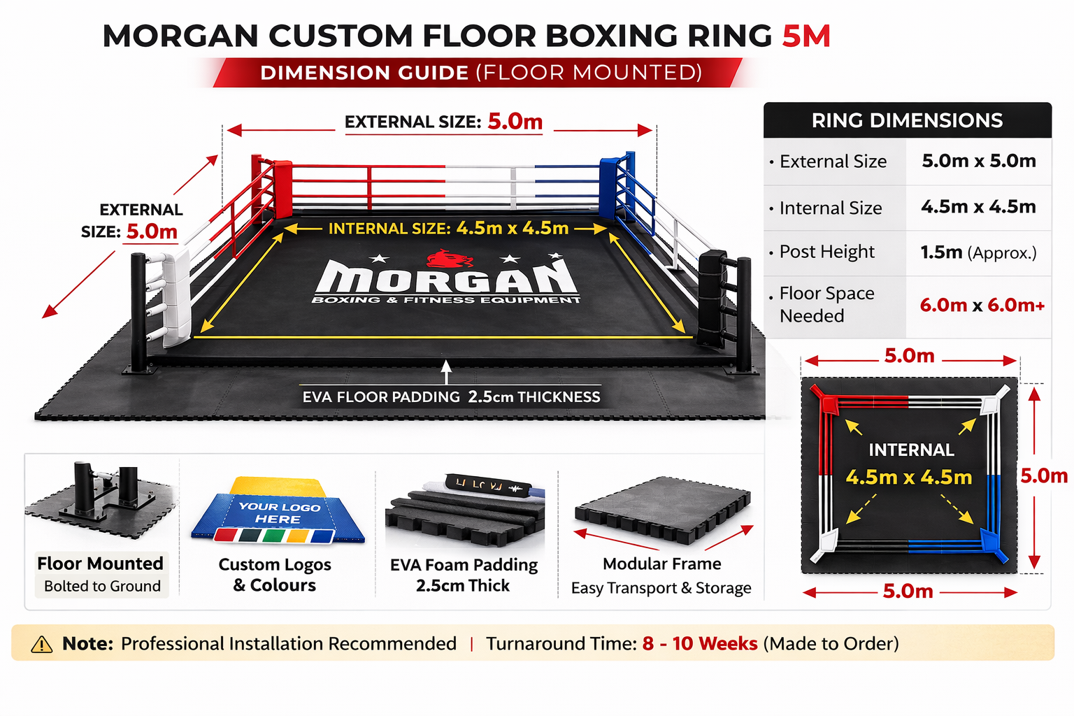 MORGAN CUSTOM FLOOR BOXING RING 5M | CUSTOM LOGO COMMERCIAL BOXING AND MMA RING