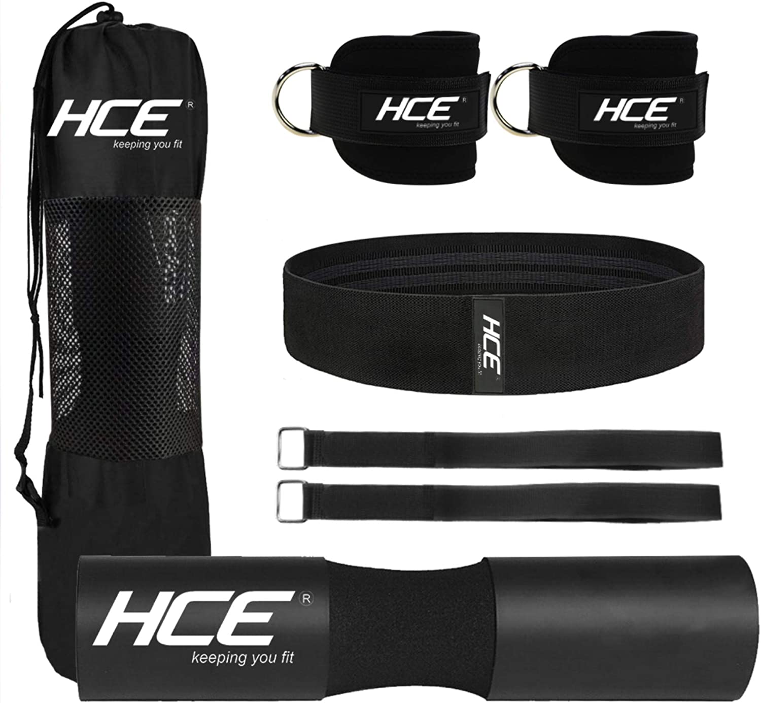 7-Piece Barbell Squat Support Pad with Straps, Hip Thrust Foam Cushion Pads, Ankle Straps and Carry Bag Musclemania Fitness MegaStore
