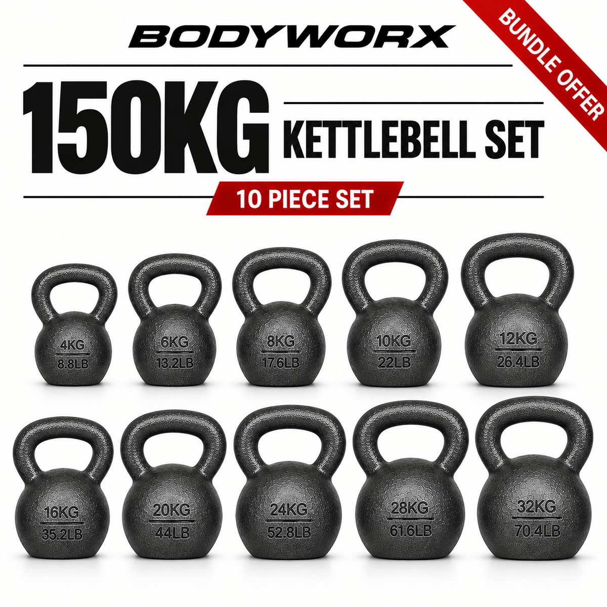 Bodyworx 150kg Cast Iron Kettlebell Set | Full Strength Package