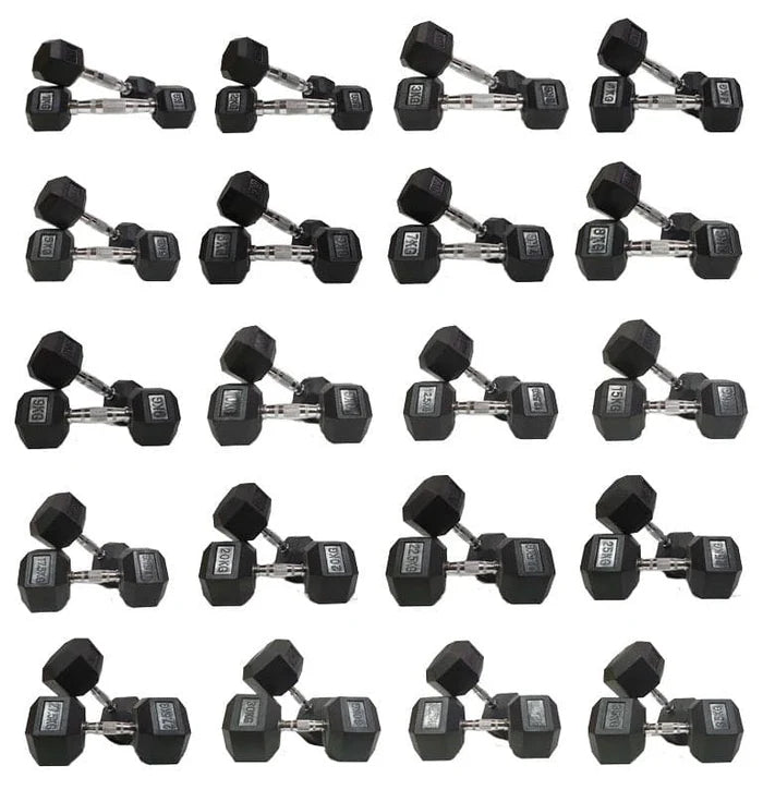 1 - 10kg Rubber Hex Dumbbell Pack + Vertical Stand