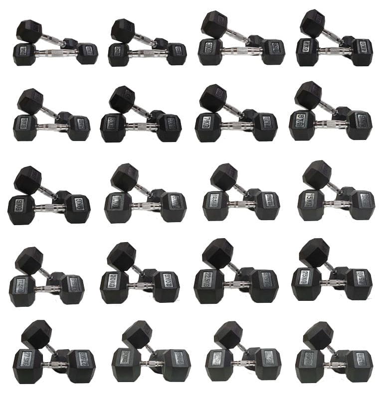Rubber Coated Hex Dumbbells | Commercial Grade Pairs 1kg–60kg