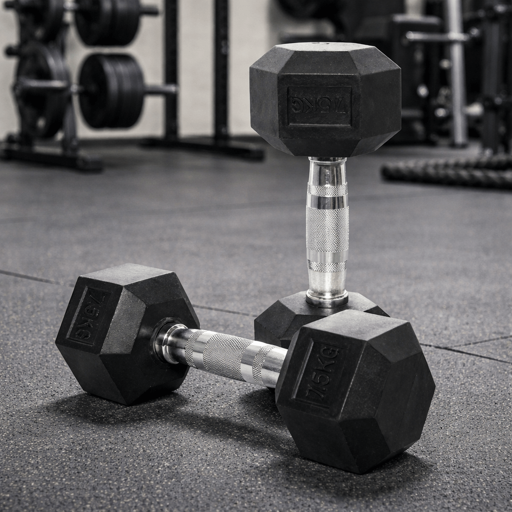 COMMERCIAL CLASS A RUBBER HEX DUMBBELL PAIRS | HEAVY DUTY GYM DUMBBELLS (1–60KG)