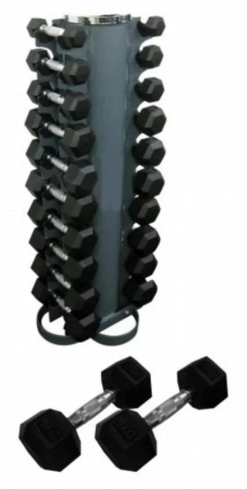 1 - 10kg Rubber Hex Dumbbell Pack + Vertical Stand