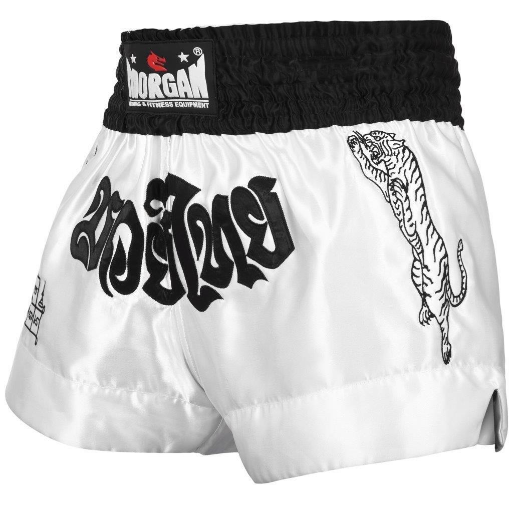 MORGAN V2 WHITE TIGER MUAY THAI SHORTS | TRADITIONAL THAI CUT FIGHT SHORTS FOR TRAINING & COMPETITION