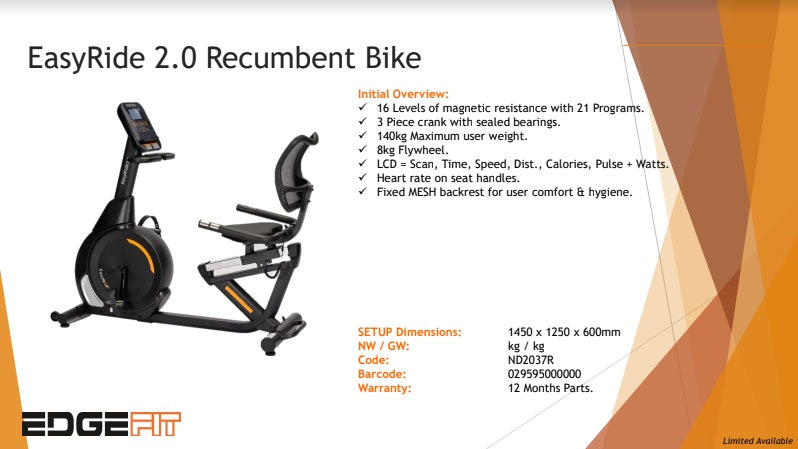 SPECIAL DEAL:  Edgefit EASYRIDE 2.0 PROGRAMMABLE RECUMBENT BIKE + FREE Del/Install*