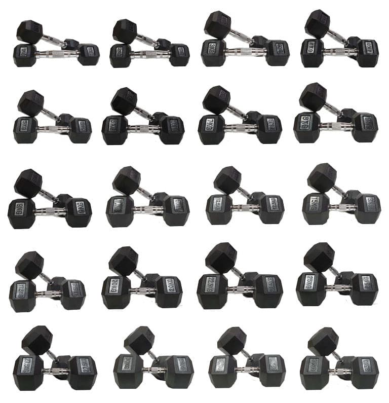 1-25kg Rubber Hexagonal "Class A" Dumbbell Set + Deluxe 3-Tier Dumbbell Rack