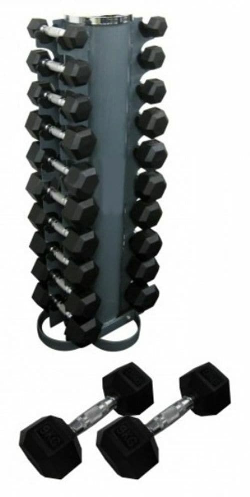 RUBBER HEX DUMBBELL "CLASS A" PACK 110KG (1-10KG) + MORGAN VERTICAL STAND