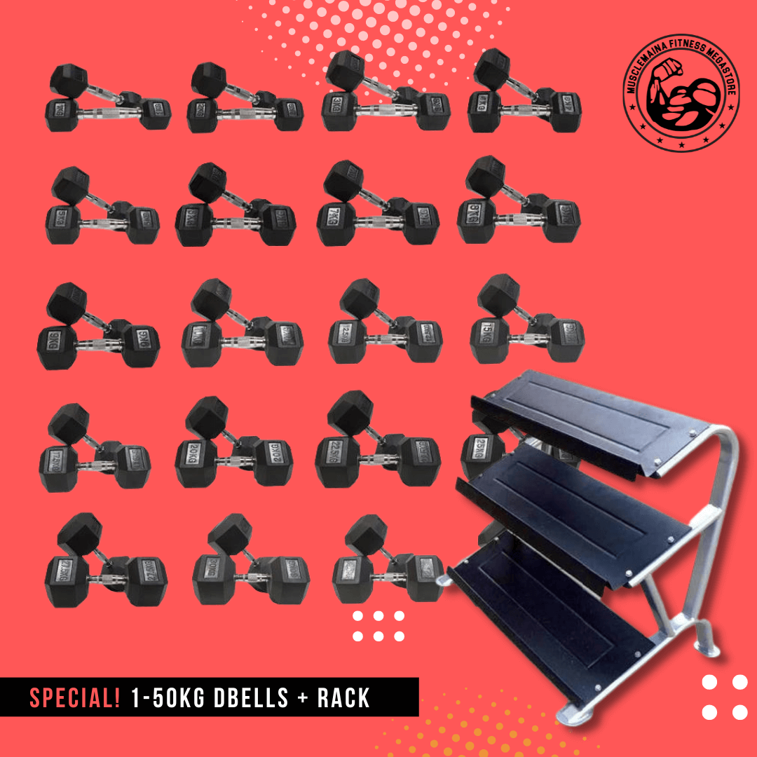 1-50kg Rubber " Class A" Hex Dumbbell Set + One x 3-Tier Deluxe Dumbbell Rack