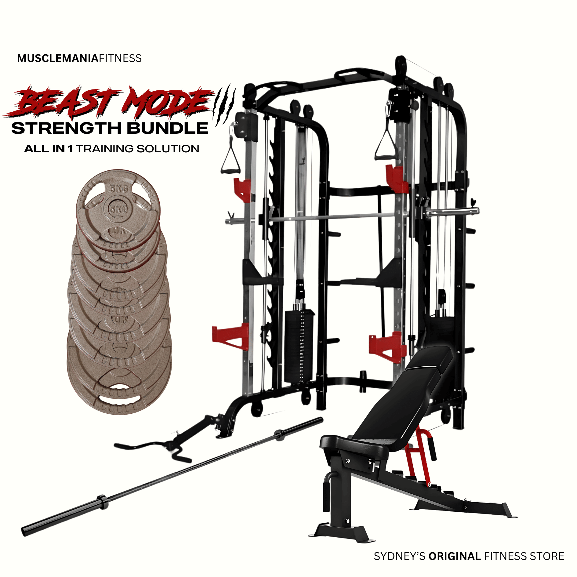 BEAST MODE BUNDLE WITH HAMMERTONE TRI-GRIP OLYMPIC PLATES, BAR AND FID BENCH
