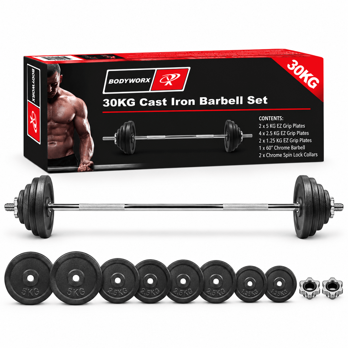Bodyworx 7SET30BW 30kg Barbell Kit | Standard Barbell & Weight Set