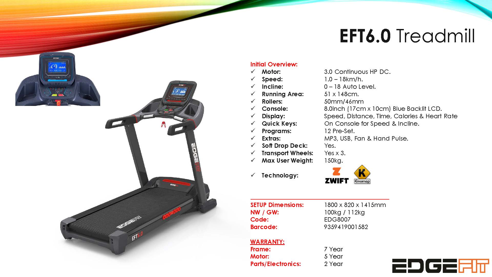 Edgefit EFT6.0 Treadmill NEW 2026 BLUETOOTH MODEL with 3HP Continuous DC Motor - EOFY SALE
