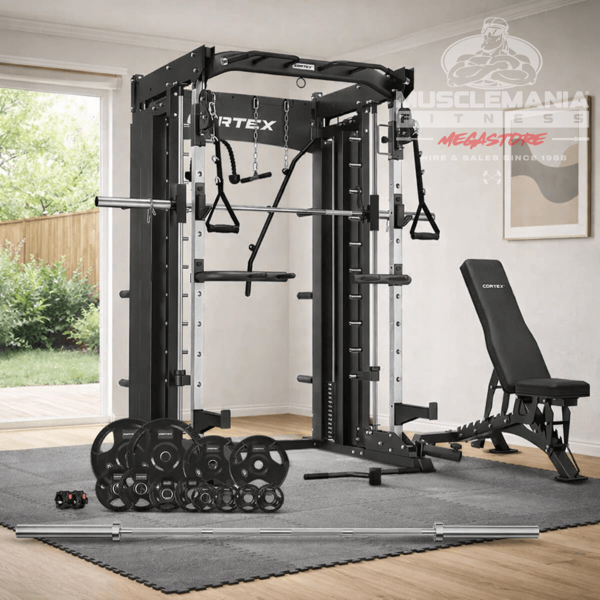 CORTEX SM-26 COMBO: BN-9 Bench + 100KG Olympic Tri-Grip Weight Plate & Barbell Pack