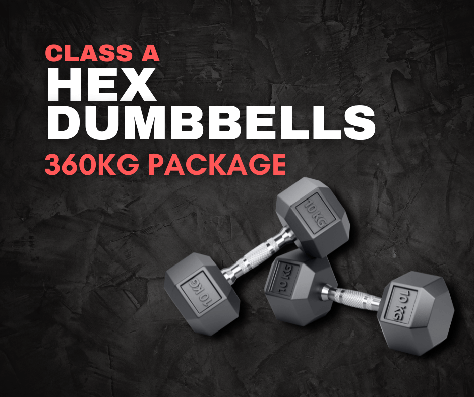 PACKAGE DEAL - "Class A" Commercial-Grade Rubber Hex Dumbbell Pack - 360KGS