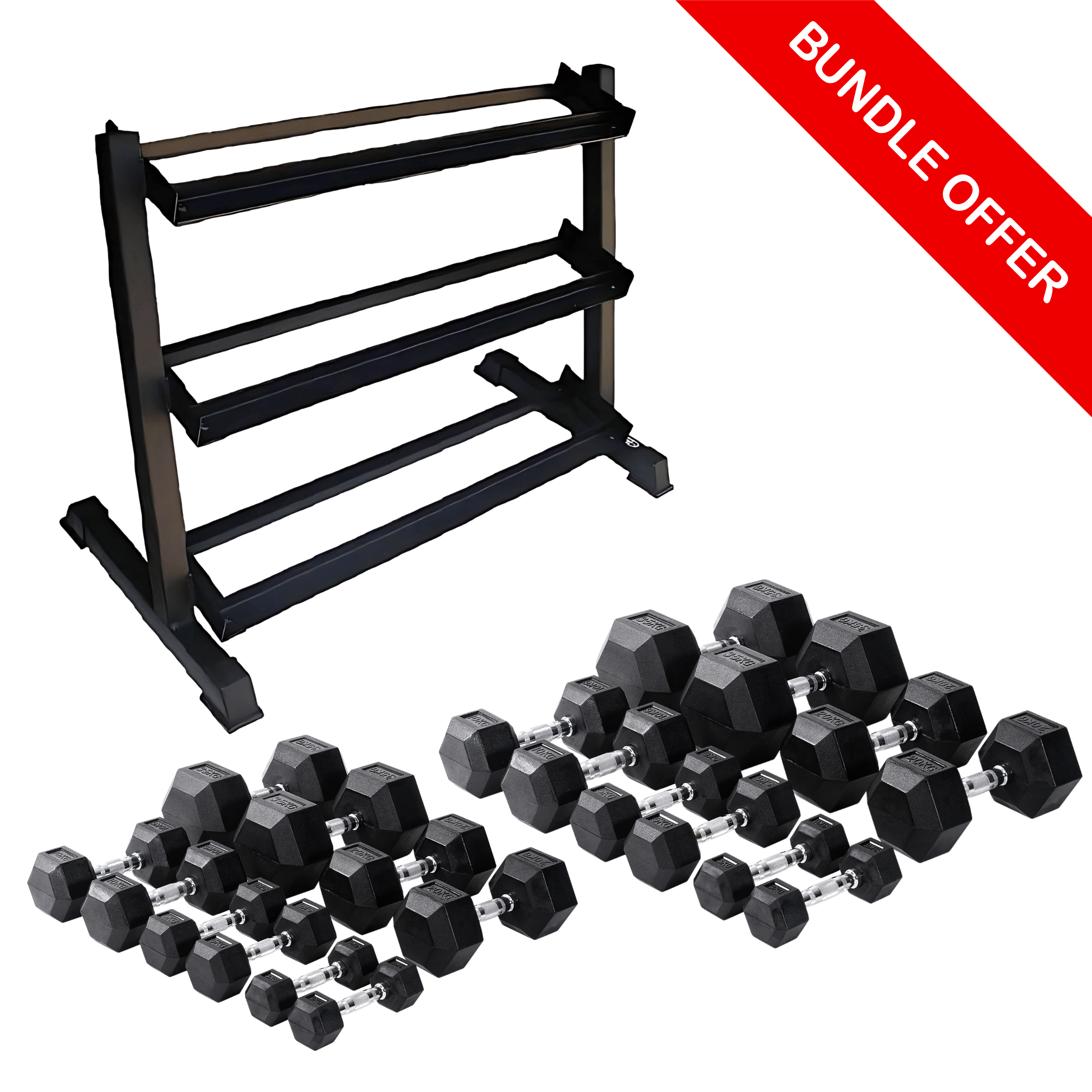 Class A Rubber Hex Dumbbell Set (12.5kg–35kg) + 3-Tier Storage Rack