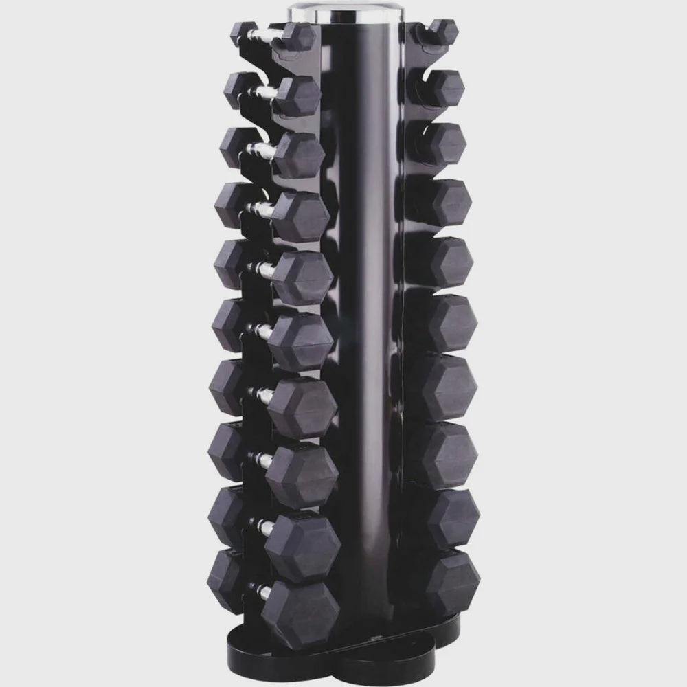 MORGAN COMMERCIAL 110KG RUBBER HEX DUMBBELL SET WITH VERTICAL STORAGE RACK (1-10KG)