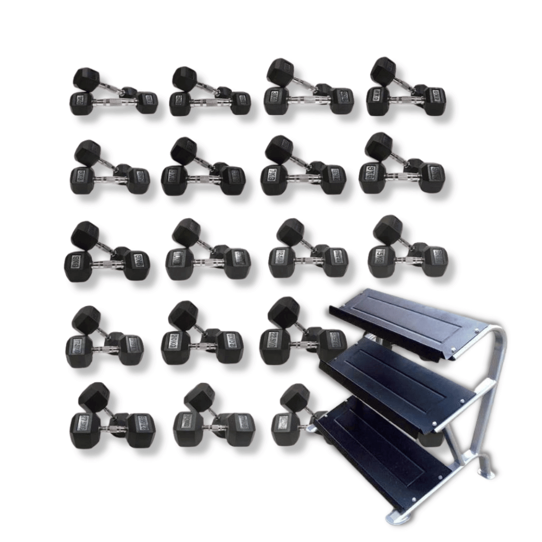 Rubber Hex Dumbbell Set, Class A 5- 25kgs with Morgan 3-Tier Large Storage Stand