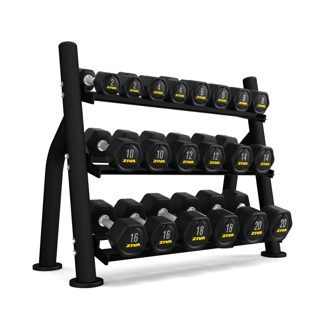 Package Deal: Grade A Commercial Hex Dumbbell Set of 8 Pairs, 12.5kgs to 30kgs + Ziva ST2 Commercial-Grade 10 Pair Dumbbell Storage Rack