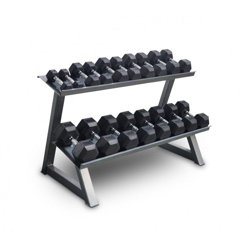 Package Deal:  Class A Rubber Hex Dumbbell Set (12.5kgs to 35kgs, 10 pairs) + Commercial-Grade 2-Tier Flat-Tray Storage Stand