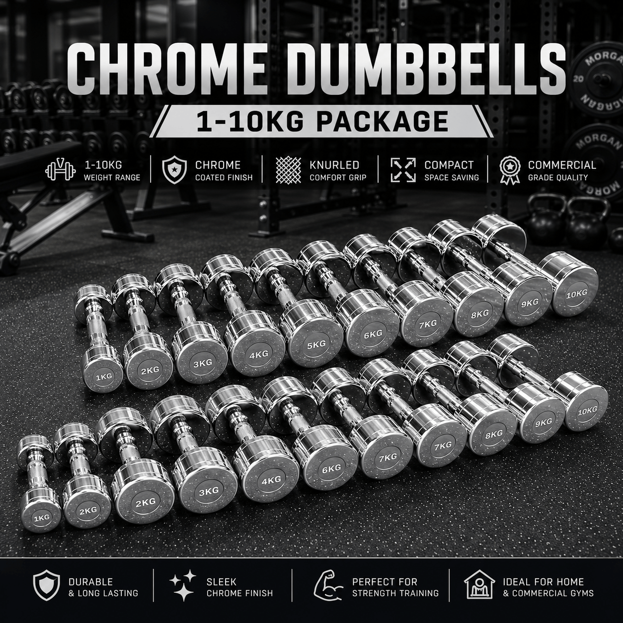 Chrome Dumbbells 1–10kg (Pairs) Package | Premium Solid Steel Dumbbells