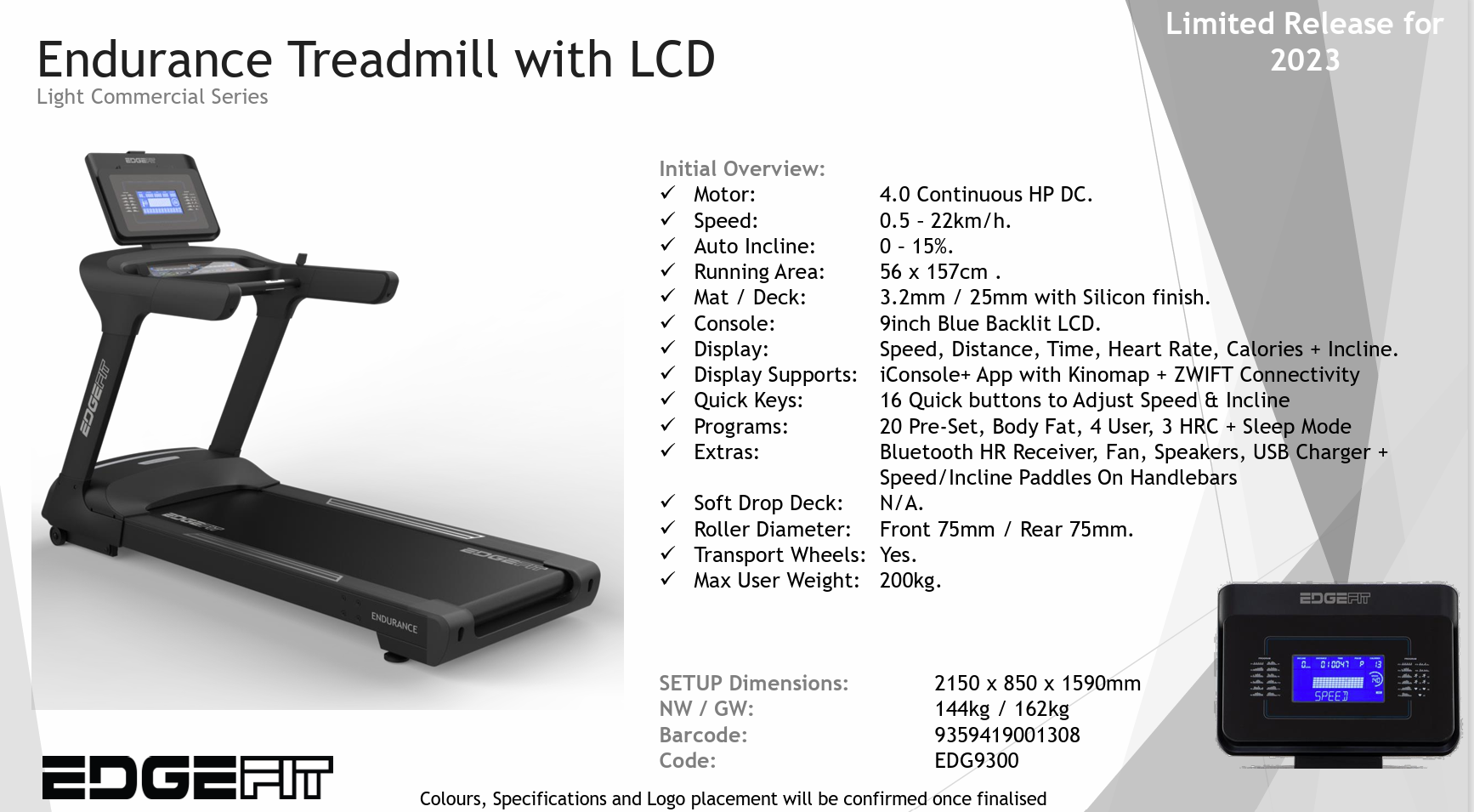 Edgefit Commercial Series: EDG9300 ENDURANCE Corporate Treadmill - LCD