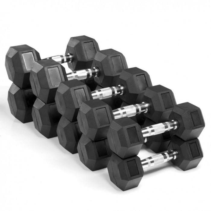 Rubber Hex Dumbbell Set with Storage Rack, 5kg - 25kg - Musclemania Fitness MegaStore