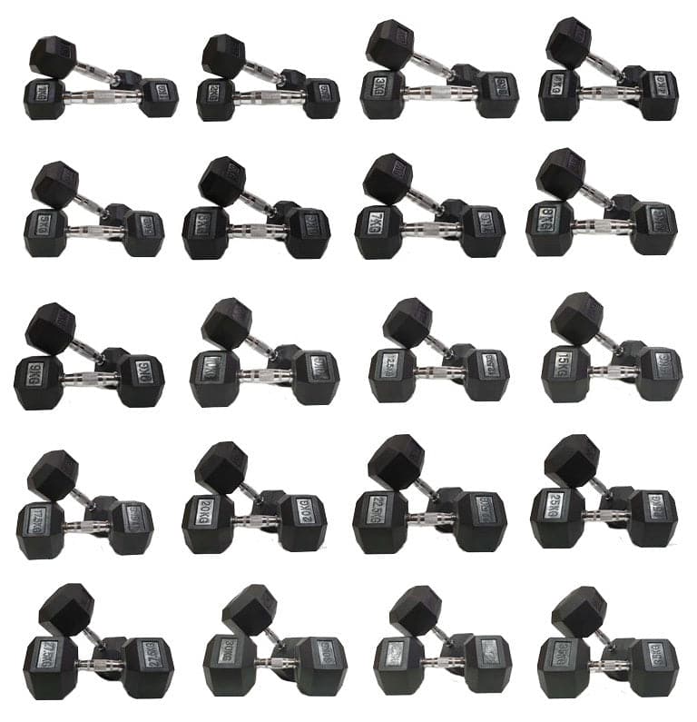 SALE:  1-10kg "Class A" Rubber Hex Dumbbell Set With Triangular Storage Rack