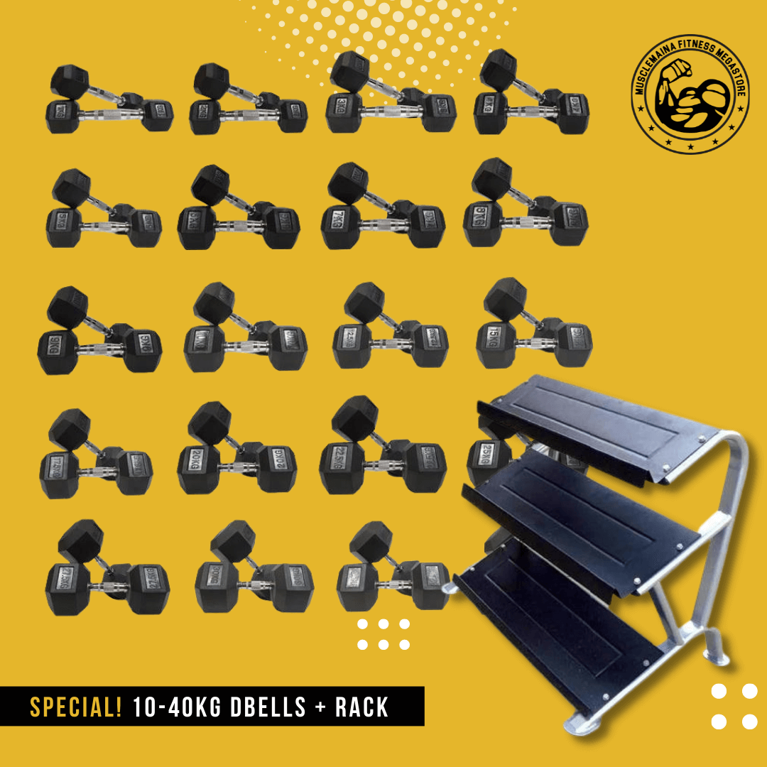 10-40kg "Class A" Rubber Hexagonal Dumbbell Set With Morgan 3-Tier Dumbbell Rack (FULL SET of 13 Pairs)