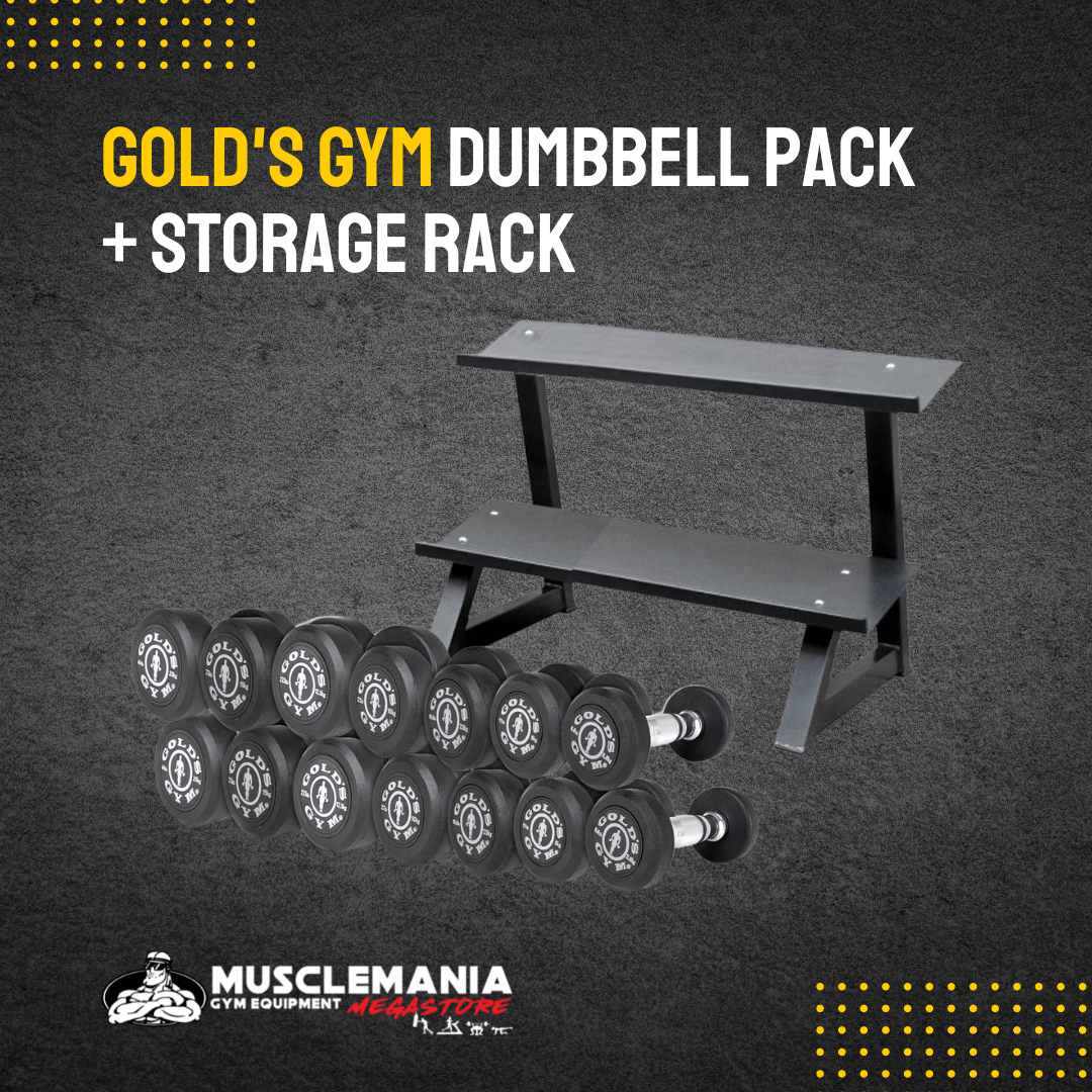 SPECIAL: Gold's Gym Premium Rubber Dumbbell Set, 2.5kg to 20kgs (7 pairs) Plus Deluxe 2-Tier Rack